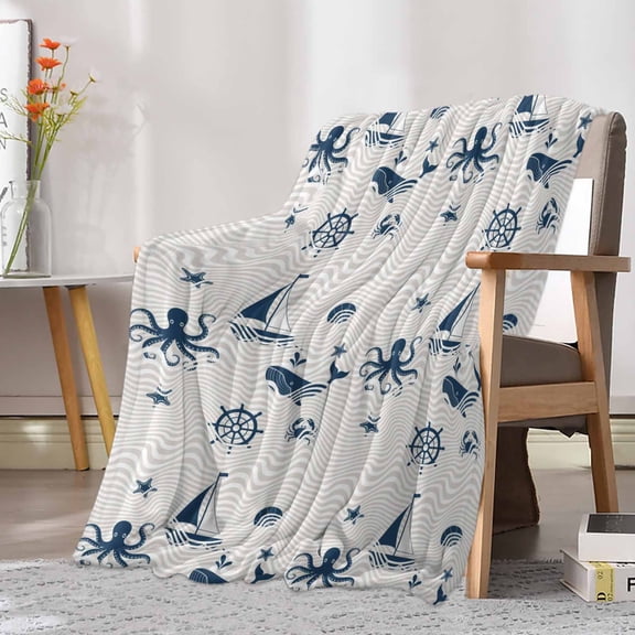 Fleece Blanket Marine Life Whales Octopus Blankets, Soft Cozy Warm Flannel Throw Blanket, Abstract Geometric Stripes Blanket for Bed Couch Sofa,30x40In