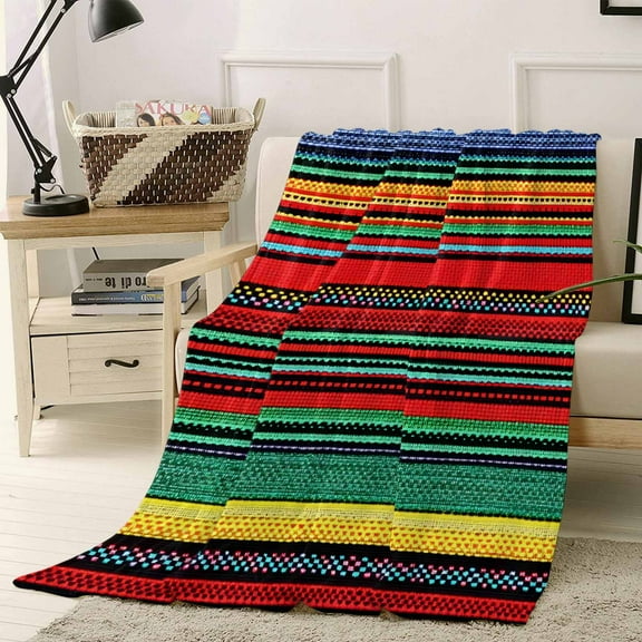Fleece Blanket Mexican Colorful Stripes Blankets, Soft Cozy Warm Flannel Throw Blanket, Rainbow Lines Ethnic Style Blanket for Bed Couch Sofa,40x50In