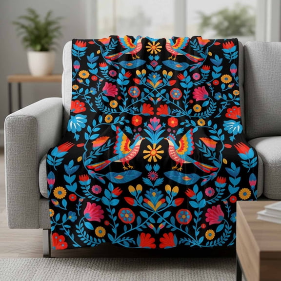 Fleece Blanket Mexico Style Flower Leaves Bird Blankets,Soft Cozy Warm Flannel Throw Blanket,Retro Rustic Plant on Black Blanket for Bed Couch Sofa 30x40in