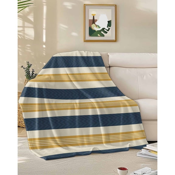 Fleece Blanket Minimalist Blue Dark Yellow Stripe Blankets, Soft Cozy Warm Flannel Throw Blanket, Retro Line Geometric Art Blanket for Bed Couch Sofa,50x60In