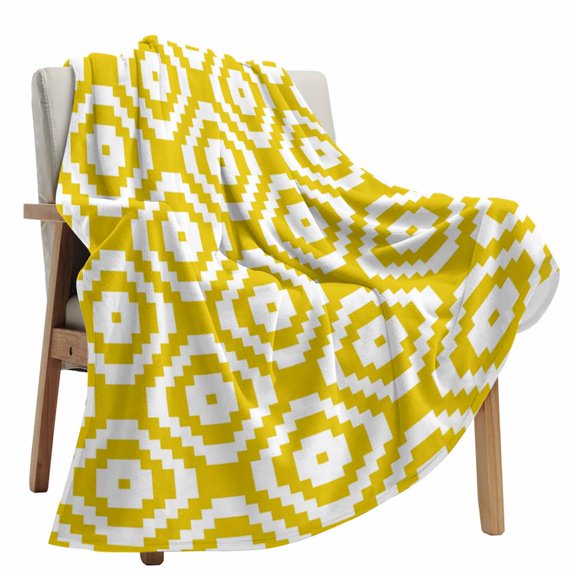 Fleece Blanket Modern Abstract Square Yellow White Blankets, Soft Cozy Warm Flannel Throw Blanket, Geometric Texture Blanket for Bed Couch Sofa,40x60In