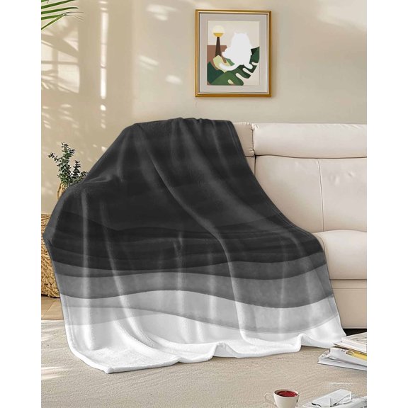 Fleece Blanket Modern Black Ombre Water Ripple Blankets, Soft Cozy Warm Flannel Throw Blanket, Gradient Stripe Minimalist Blanket for Bed Couch Sofa,50x60In