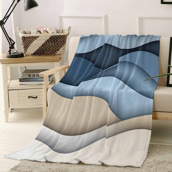 Fleece Blanket Modern Blue Khaki Stripe Ombre Blankets, Soft Cozy Warm Flannel Throw Blanket, Abstract Water Ripple Art Blanket for Bed Couch Sofa,40x50In
