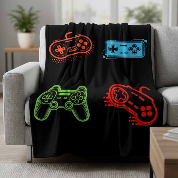 Fleece Blanket Modern Game Controller on Black Blankets,Soft Cozy Warm Flannel Throw Blanket,Abstract Gamer Pad Sketch Blanket for Bed Couch Sofa 30x40in