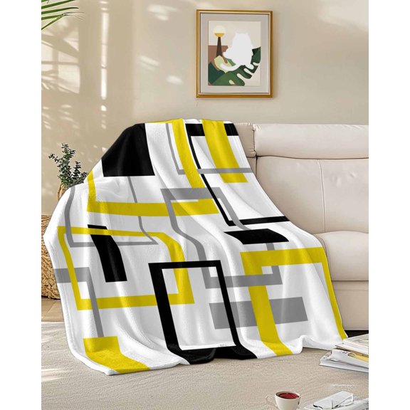 Fleece Blanket Modern Line Style Art Blankets, Soft Cozy Warm Flannel Throw Blanket, Color Block Blanket for Bed Couch Sofa,50x60In