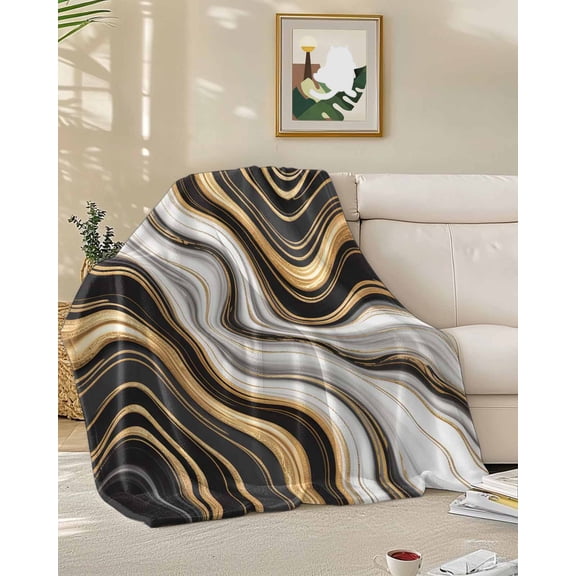 Fleece Blanket Modern Marble Texture Pattern Blankets, Soft Cozy Warm Flannel Throw Blanket, White Gold Striped Blanket for Bed Couch Sofa,50x60In