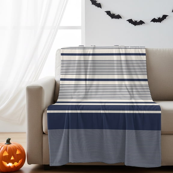 Fleece Blanket Modern Navy Blue Stripe on Beige Blankets,Soft Cozy Warm Flannel Throw Blanket,Minimalist Line Art Blanket for Bed Couch Sofa 30x40in