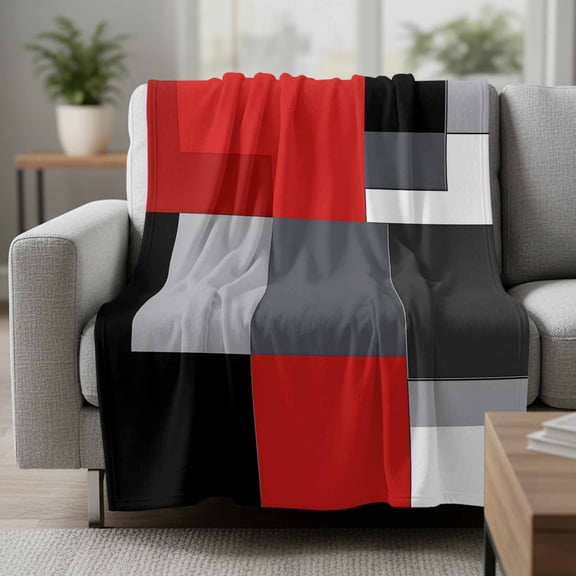 Fleece Blanket Modern Patchwork Abstract Art Blankets,Soft Cozy Warm Flannel Throw Blanket,Red Black Gray White Blanket for Bed Couch Sofa 30x40in