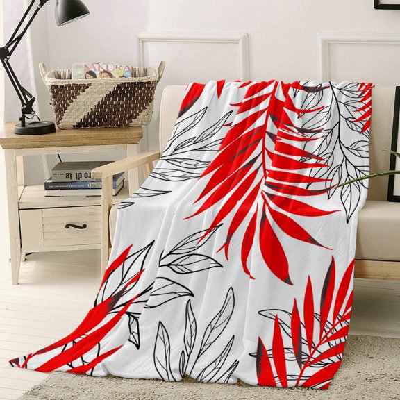 Fleece Blanket Modern Red Leaves Blankets, Soft Cozy Warm Flannel Throw Blanket, Retro Geometric Lines Blanket for Bed Couch Sofa,40x50In