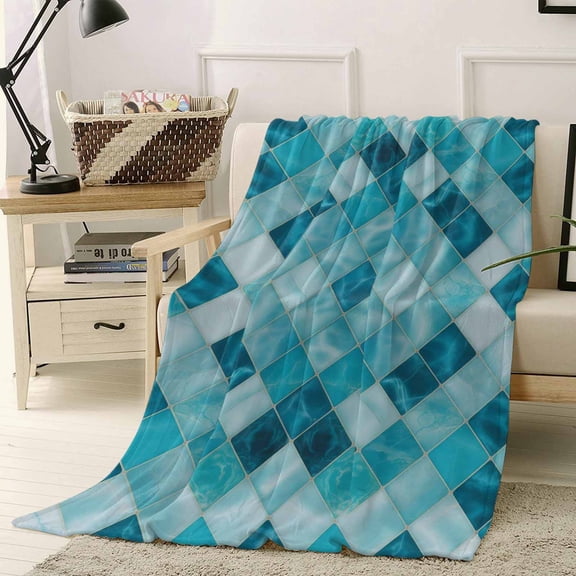 Fleece Blanket Modern Teal Blue Diamond Blankets, Soft Cozy Warm Flannel Throw Blanket, Geometric Line Buffalo Plaid Blanket for Bed Couch Sofa,40x50In