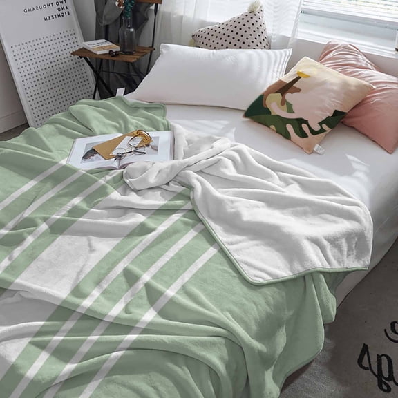 Fleece Blanket Modern White Stripe on Green Blankets, Soft Cozy Warm Flannel Throw Blanket, Modern Minimalist Style Blanket for Bed Couch Sofa,60x80In