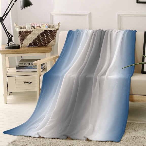 Fleece Blanket Nature Blue and Grey Ombre Blankets, Soft Cozy Warm Flannel Throw Blanket, Farmhouse Watercolor Gradient Blanket for Bed Couch Sofa,40x50In