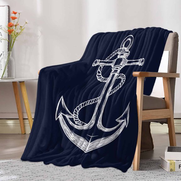 Fleece Blanket Nautical Anchor Navy Blue Blankets, Soft Cozy Warm Flannel Throw Blanket, Ocean Coastal Style Blanket for Bed Couch Sofa,30x40In