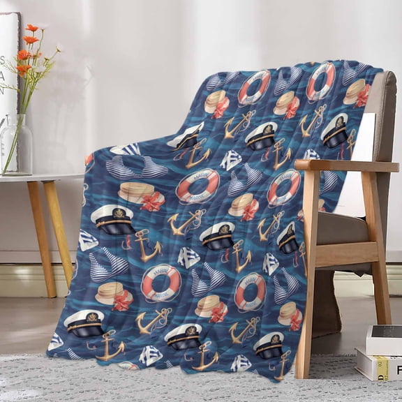 Fleece Blanket Nautical Anchor Swimsuit Navy Cap Seamless Blankets, Soft Cozy Warm Flannel Throw Blanket, Navy Blue Ocean Blanket for Bed Couch Sofa,30x40In