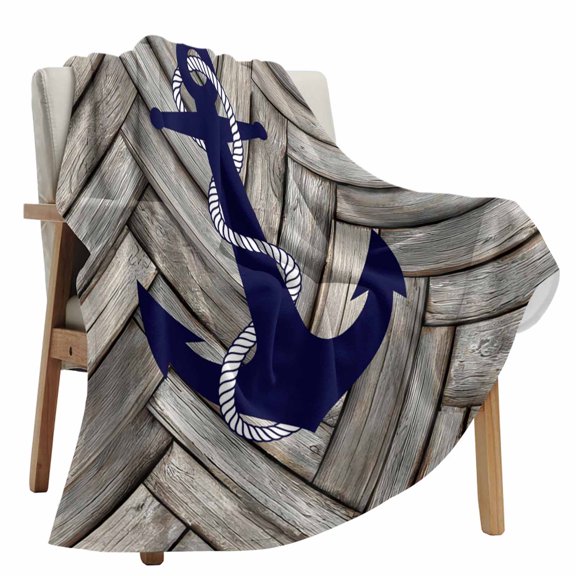 Fleece Blanket Nautical Dark Blue Navy Anchor Blankets, Soft Cozy Warm Flannel Throw Blanket, Retro Wooden Board lanket for Bed Couch Sofa,50x80In