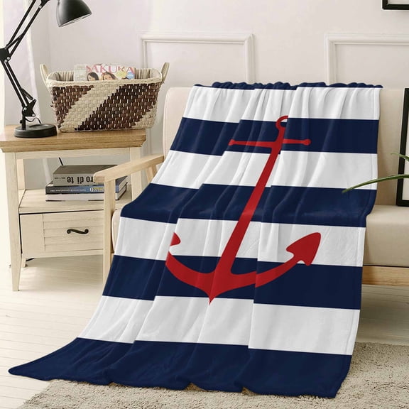 Fleece Blanket Nautical Retro Red Anchor on Stripes Blankets, Soft Cozy Warm Flannel Throw Blanket, Navy Blue and White Blanket for Bed Couch Sofa,40x50In