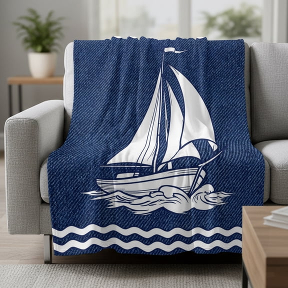 Fleece Blanket Nautical Sailing Boat on Steel Blue Blankets,Soft Cozy Warm Flannel Throw Blanket,Vintage Water Waves Blanket for Bed Couch Sofa 30x40in