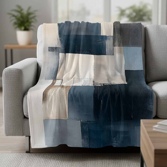 Fleece Blanket Navy Blue Beige Color Block Blankets,Soft Cozy Warm Flannel Throw Blanket,Vintage Oil Painting Blanket for Bed Couch Sofa 30x40in
