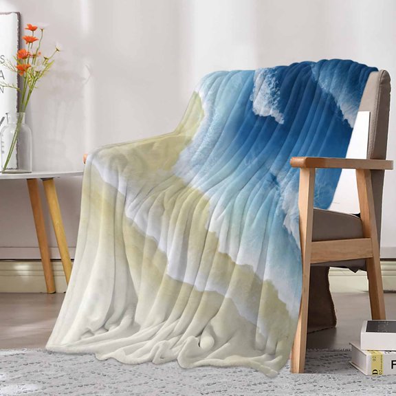 Fleece Blanket Navy Blue Sea Wave Blankets, Soft Cozy Warm Flannel Throw Blanket, Summer Brown Beach Blanket for Bed Couch Sofa,30x40In