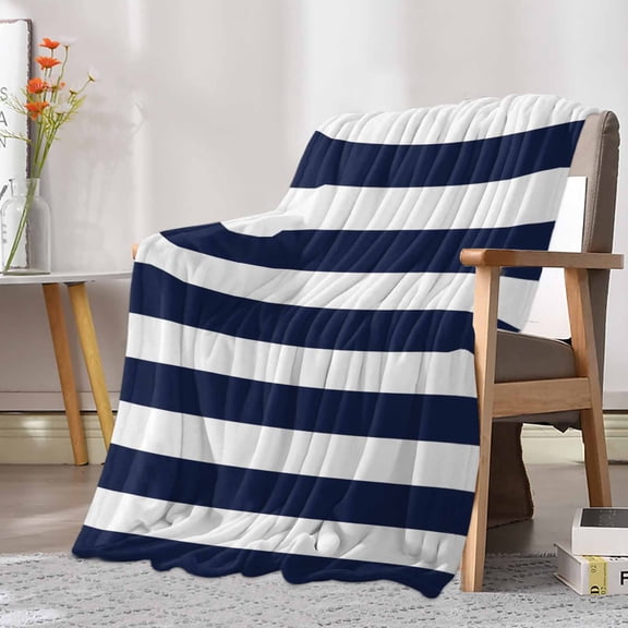Fleece Blanket Navy Blue Stripe Summer Nautical Theme Blankets, Soft Cozy Warm Flannel Throw Blanket, White Geometric Lines Blanket for Bed Couch Sofa,30x40In