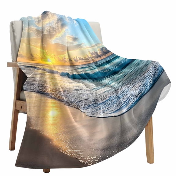 Fleece Blanket Ocean Beach Sea Spray Sunset Blankets, Soft Cozy Warm Flannel Throw Blanket, Summer Vacation Blue Sky Blanket for Bed Couch Sofa,40x60In