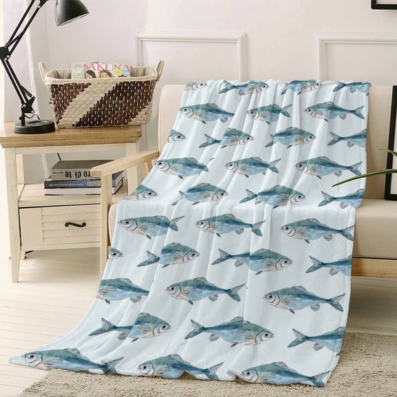 Fleece Blanket Ocean Blue Fish Seamless Blankets, Soft Cozy Warm Flannel Throw Blanket, Underwater Marine Creature Blanket for Bed Couch Sofa,40x50In