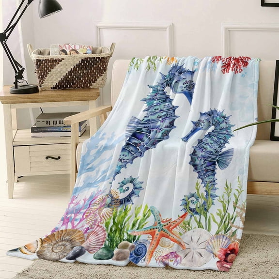 Fleece Blanket Ocean Blue Seahorse Shell Conch Blankets, Soft Cozy Warm Flannel Throw Blanket, Colorful Coral Fish Blanket for Bed Couch Sofa,40x50In