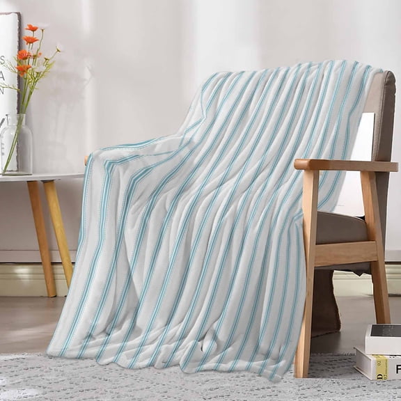 Fleece Blanket Ocean Blue Stripes Seamless Ticking Stripe Blankets, Soft Cozy Warm Flannel Throw Blanket, Farmhouse Pinstripe Blanket for Bed Couch Sofa,30x40In