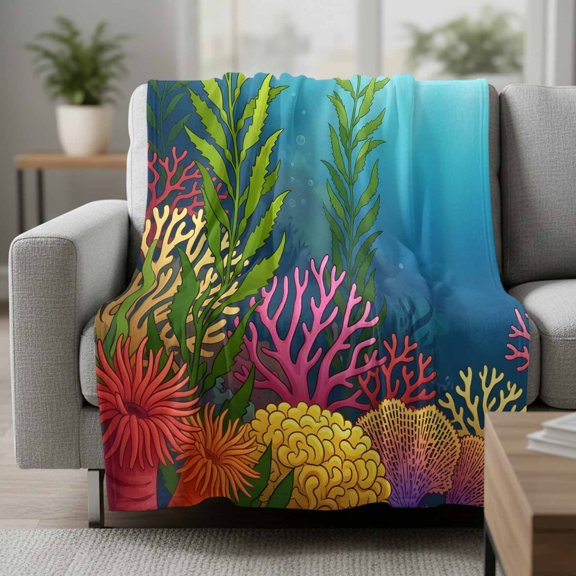 Fleece Blanket Ocean Colorful Coral Seaweed Blankets,Soft Cozy Warm Flannel Throw Blanket,Underwater World Marine Theme Blanket for Bed Couch Sofa 30x40in
