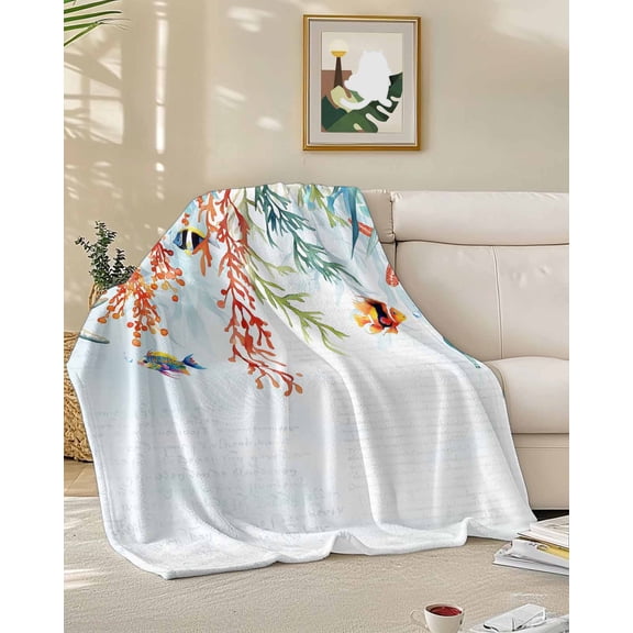 Fleece Blanket Ocean Coral Fish Starfish Blankets, Soft Cozy Warm Flannel Throw Blanket, Blue Sea Underwater World Blanket for Bed Couch Sofa,50x60In