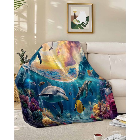 Fleece Blanket Ocean Dolphin Blue Ocean Coral Blankets, Soft Cozy Warm Flannel Throw Blanket, Watercolor Underwater World Blanket for Bed Couch Sofa,50x60In