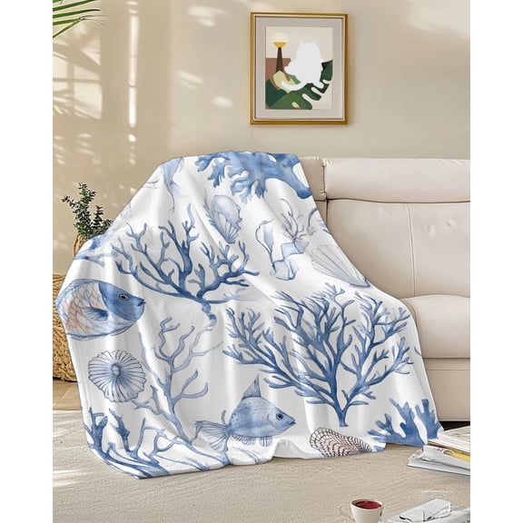 Fleece Blanket Ocean Fish Blue Coral Blankets, Soft Cozy Warm Flannel Throw Blanket, Summer Coastal Nautical Theme Blanket for Bed Couch Sofa,50x60In