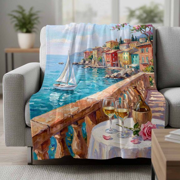 Fleece Blanket Ocean Scene Sailboat Oil Painting Blankets,Soft Cozy Warm Flannel Throw Blanket,Coastal Town Italian Style Blanket for Bed Couch Sofa 30x40in