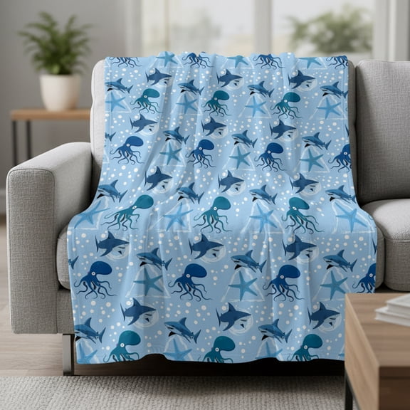 Fleece Blanket Ocean Sharks Octopus Starfish Blankets,Soft Cozy Warm Flannel Throw Blanket,Blue Marine Creature Seamless Blanket for Bed Couch Sofa 30x40in