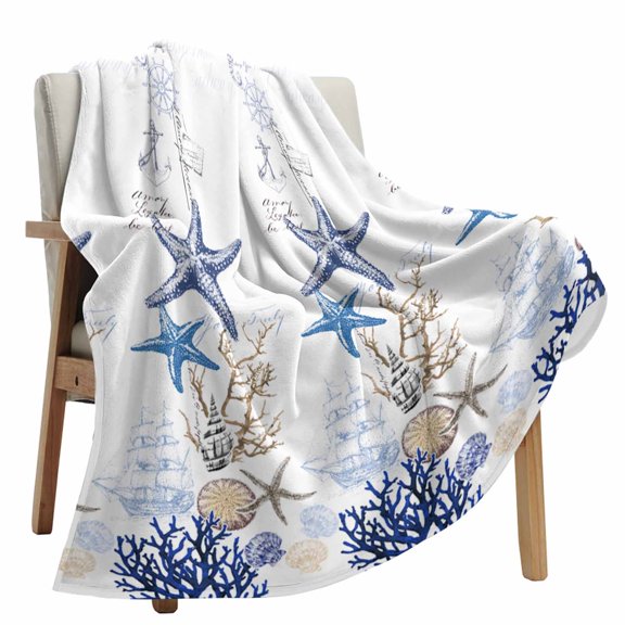 Fleece Blanket Ocean Starfish Blue Coral Blankets, Soft Cozy Warm Flannel Throw Blanket, Boat Nautical Anchor lanket for Bed Couch Sofa,50x80In