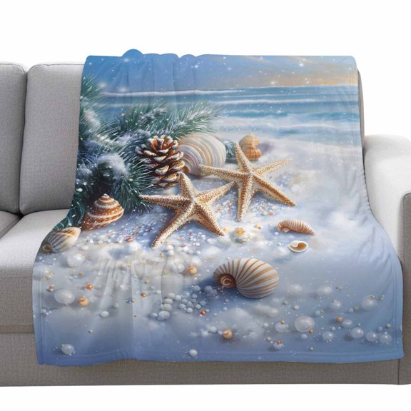 Fleece Blanket Ocean Starfish Shell Christmas Pine Cone Blankets,Soft Cozy Warm Flannel Throw Blanket,Winter Snow Blue Ocean Blanket for Bed Couch Sofa 30x40in