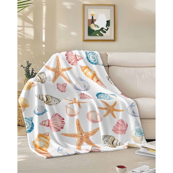 Fleece Blanket Ocean Starfish Shell Conch Blankets, Soft Cozy Warm Flannel Throw Blanket, Summer Nautical Theme Blanket for Bed Couch Sofa,50x60In