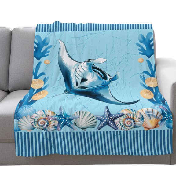 Fleece Blanket Oceans Devilfish Sea Stars Blankets,Soft Cozy Warm Flannel Throw Blanket,Shells Blue Striped Blanket for Bed Couch Sofa 30x40in