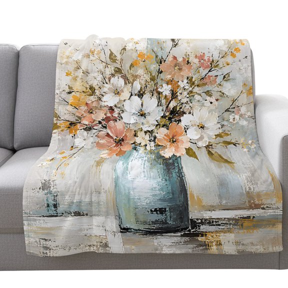 Fleece Blanket Oil Style Pink White Flowers Blankets,Soft Cozy Warm Flannel Throw Blanket,Blue Ceramic Vase Blanket for Bed Couch Sofa 40x50in