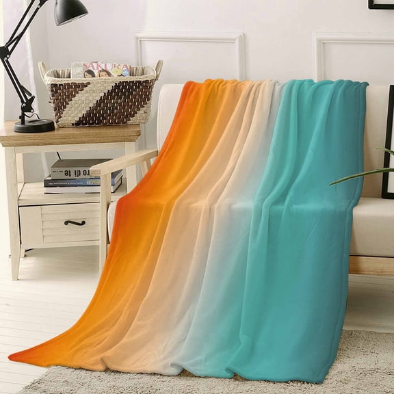 Fleece Blanket Orange Teal Gradient Blankets, Soft Cozy Warm Flannel Throw Blanket, Modern Ombre Style Blanket for Bed Couch Sofa,40x50In