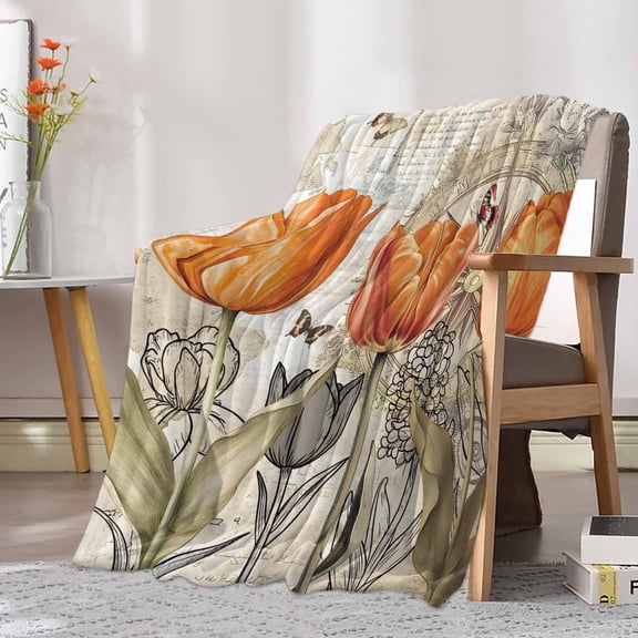 Fleece Blanket Orange Tulip Flower Plants Blankets, Soft Cozy Warm Flannel Throw Blanket, Butterfly Vintage Map Blanket for Bed Couch Sofa,30x40In