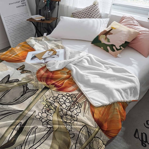 Fleece Blanket Orange Tulip Flower Plants Blankets, Soft Cozy Warm Flannel Throw Blanket, Butterfly Vintage Map Blanket for Bed Couch Sofa,60x80In