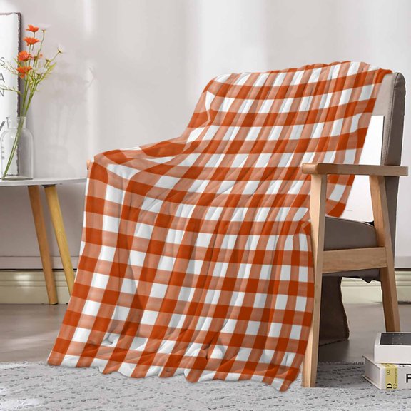 Fleece Blanket Orange White Buffalo Checker Blankets, Soft Cozy Warm Flannel Throw Blanket, Classic Lattice Plaid Blanket for Bed Couch Sofa,30x40In