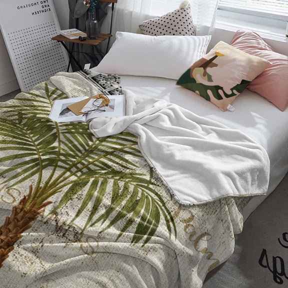 Fleece Blanket Palm Tree Tropical Plant Stone Flower Blankets, Soft Cozy Warm Flannel Throw Blanket, Vintage Burlap Cotton Blanket for Bed Couch Sofa,60x80In