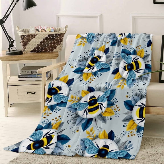 Fleece Blanket Pastoral Bee Gradient Leaves Blankets, Soft Cozy Warm Flannel Throw Blanket, Country Wildflower on Blue Blanket for Bed Couch Sofa,40x50In