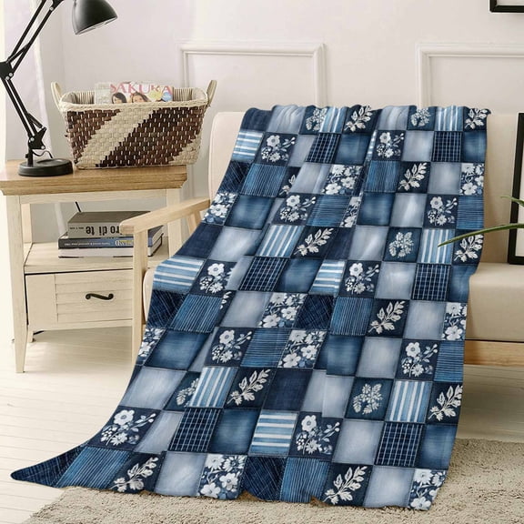 Fleece Blanket Pastoral Flower Floral on Retro Blankets, Soft Cozy Warm Flannel Throw Blanket, Blue Striped Checkered Blanket for Bed Couch Sofa,40x50In