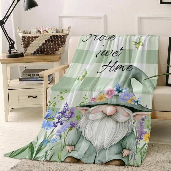 Fleece Blanket Pastoral Gnome Floral Butterfly Blankets, Soft Cozy Warm Flannel Throw Blanket, Watercolor Green Check Blanket for Bed Couch Sofa,40x50In