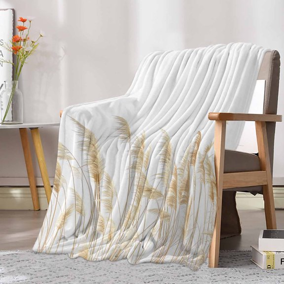 Fleece Blanket Pastoral Reed Pampas Grass Plant Blankets, Soft Cozy Warm Flannel Throw Blanket, Autumn Botanical on White Blanket for Bed Couch Sofa,30x40In