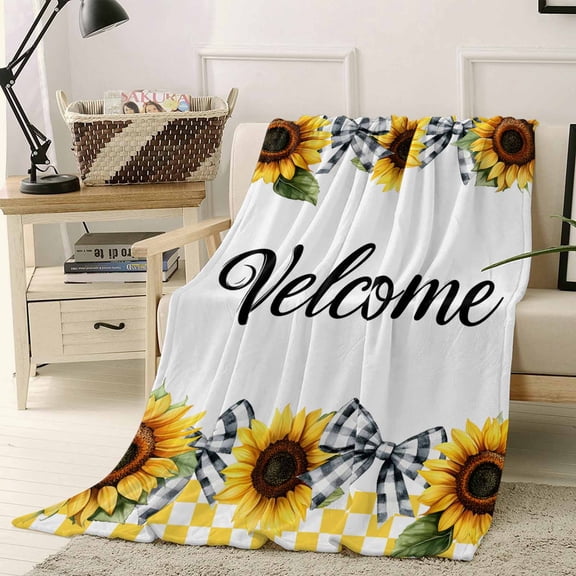 Fleece Blanket Pastoral Sunflower Leaf Yellow Grid Blankets, Soft Cozy Warm Flannel Throw Blanket, Black White Plaid Bow Blanket for Bed Couch Sofa,40x50In
