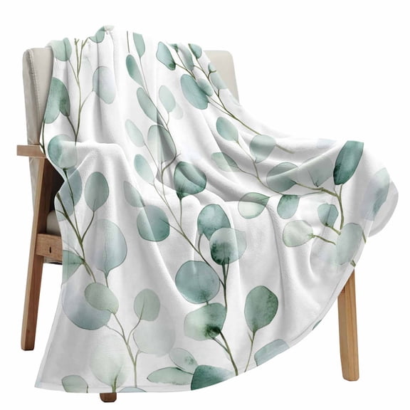 Fleece Blanket Pastoral Watercolor Eucalyptus Blankets, Soft Cozy Warm Flannel Throw Blanket, Spring Gradient Green Leaf Blanket for Bed Couch Sofa,40x60In